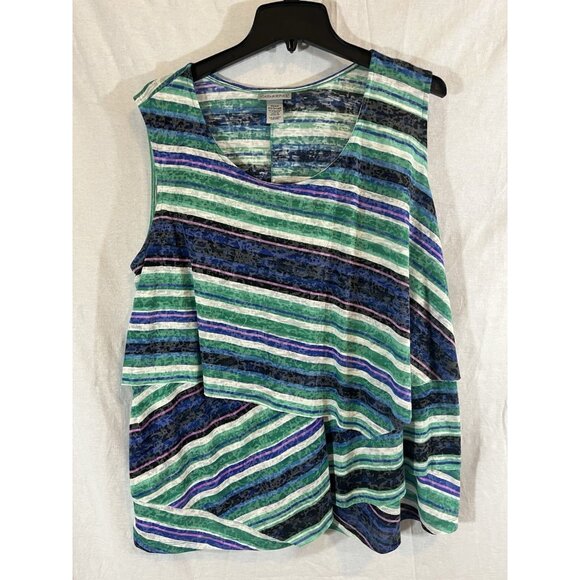 Catherines Women's 22/24WP Petite Green And Blue Striped Tank Blouse - Picture 1 of 6